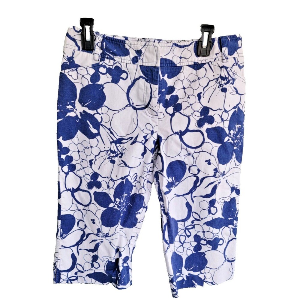Ann Taylor Petites Blue White Floral Print Cropped Pants Womens Mid-Rise 10P